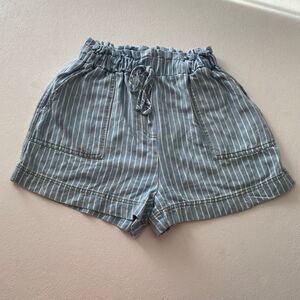 Blu Pepper Striped Chambray Drawstring Shorts | Light Blue Paperbag Waist Summer